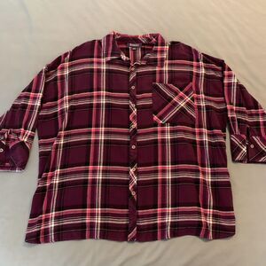 Roamans Shirt Womens 24W Plus Size Purple Plaid Flannel Button Front Long Sleeve